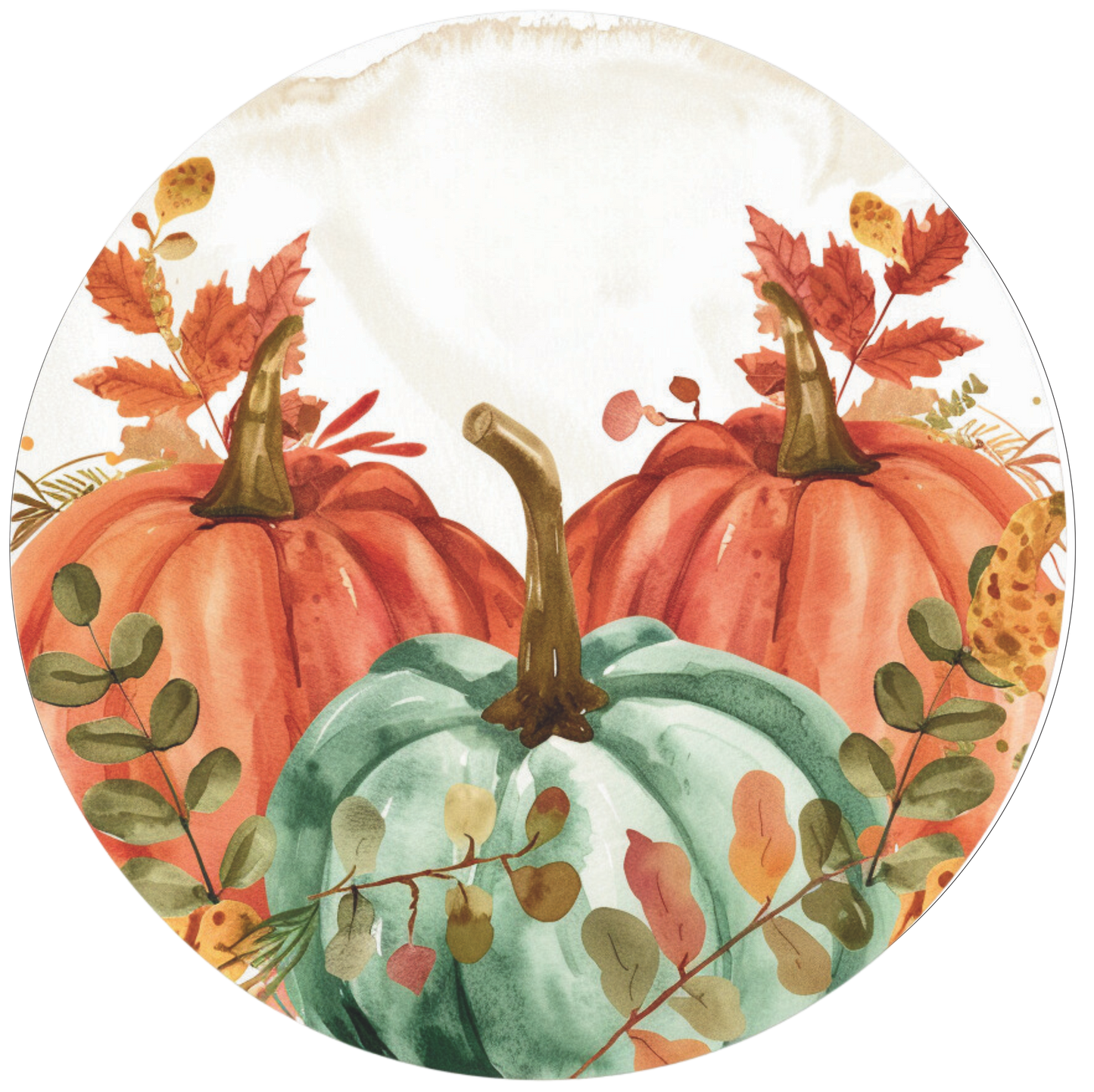 3 Pumpkin in Orange and moss green with leaves Sign Round