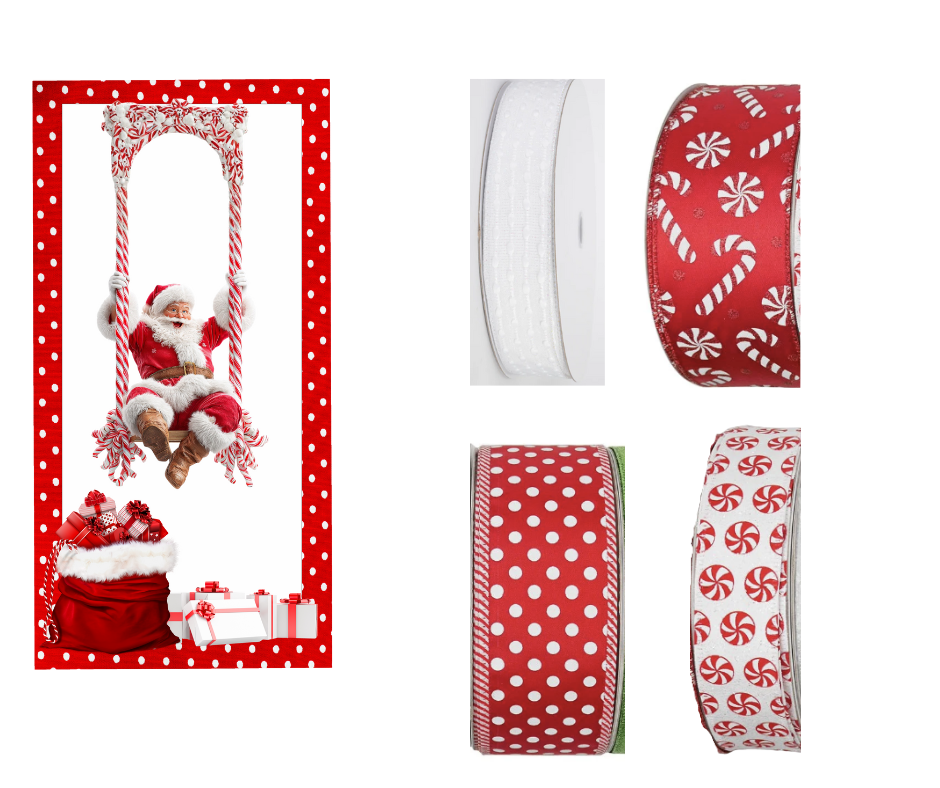 Santa Swinging red and white striped Sign and Ribbon Set