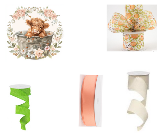 Peach Peonies Highland Cow Sign and Ribbon Set