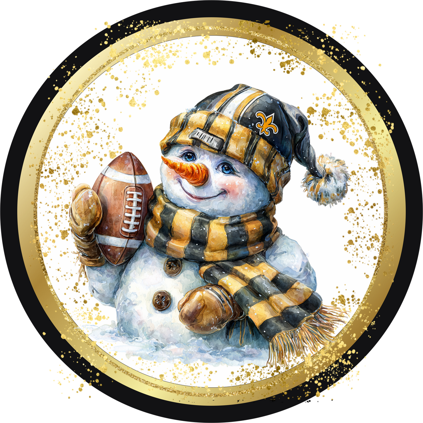 Black and Gold Themed Gold Helmet Snowman holding a football Round Sign