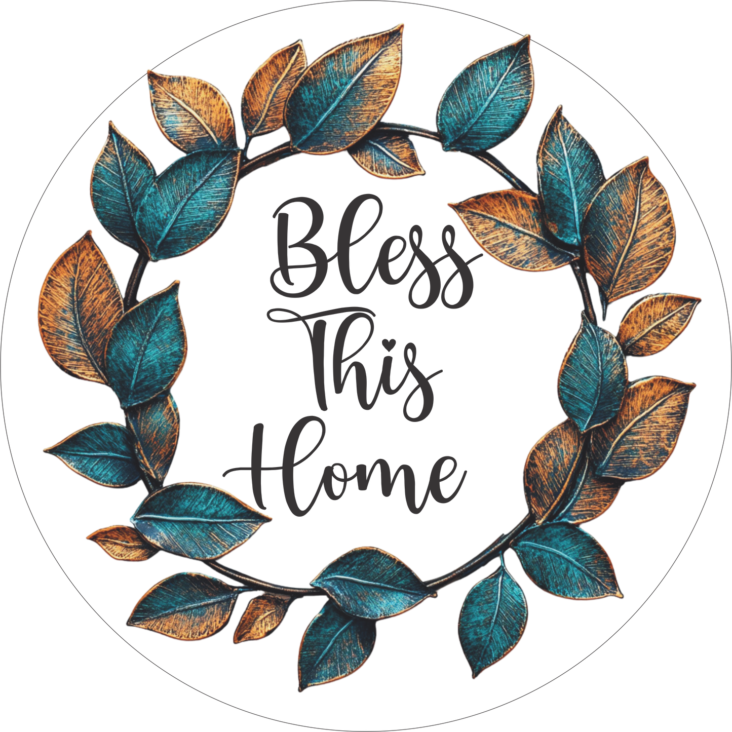 Bless this home Metallic teal and rust leaves Sign Round