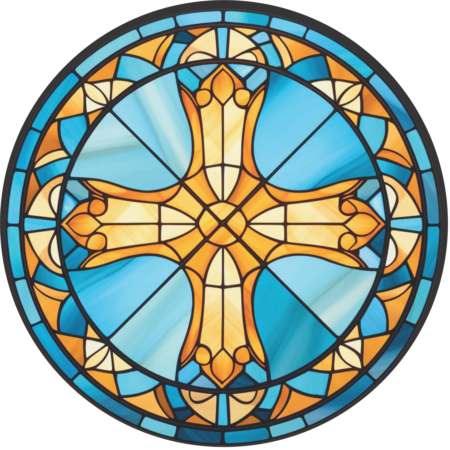Blue, Yellow and Gold Cross Faux Stained Glass Look Wreath Sign Round