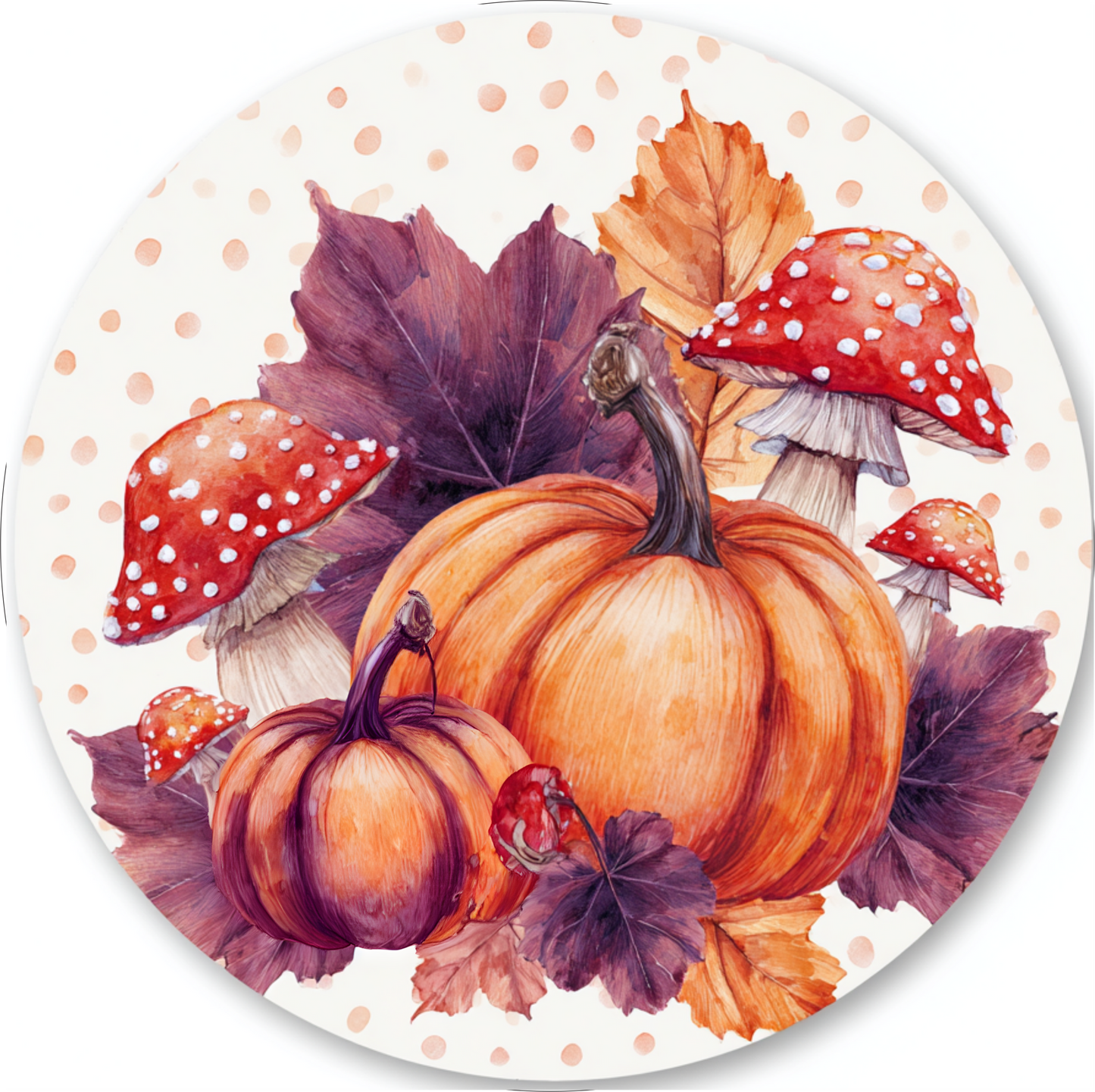 Fall Pumpkin, Mushroom & Leaves Round Metal Sign – Orange & Plum Watercolor Look