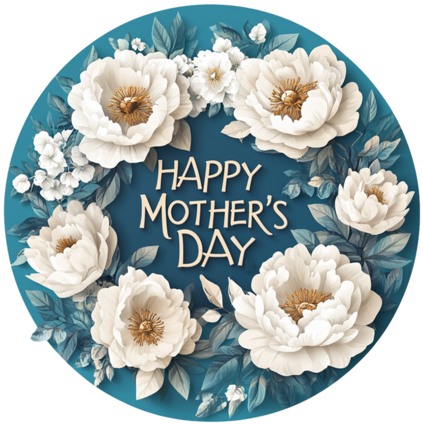 Happy Mother's Day Blue with White and Cream Flowers Round