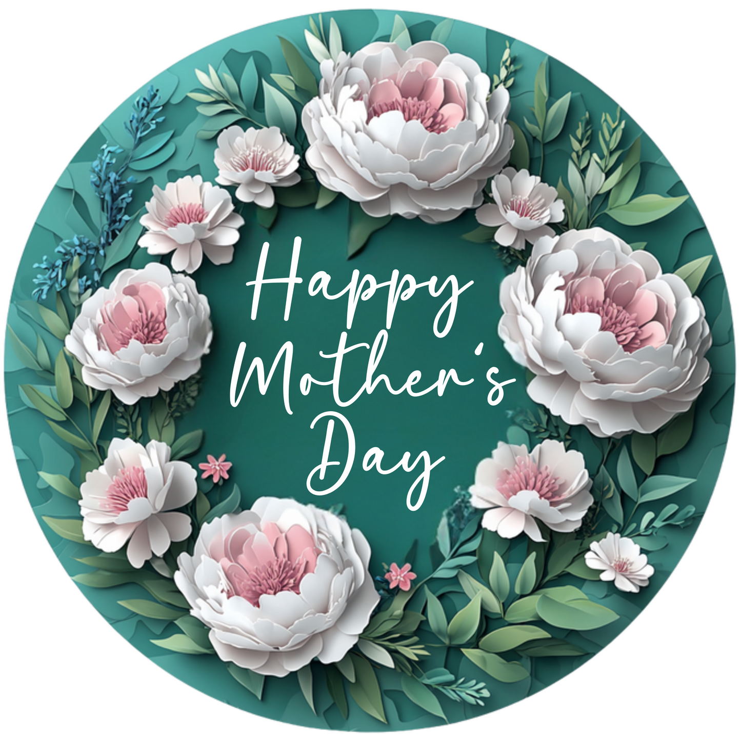 Happy Mother's Day Green with White and Pink Flowers Round