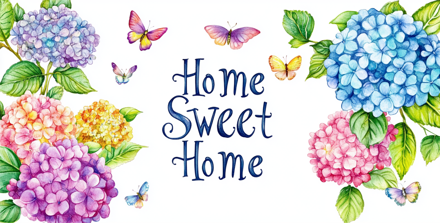 Home Sweet Home bright and colorful butterflies and hydrangeas 6 x 12