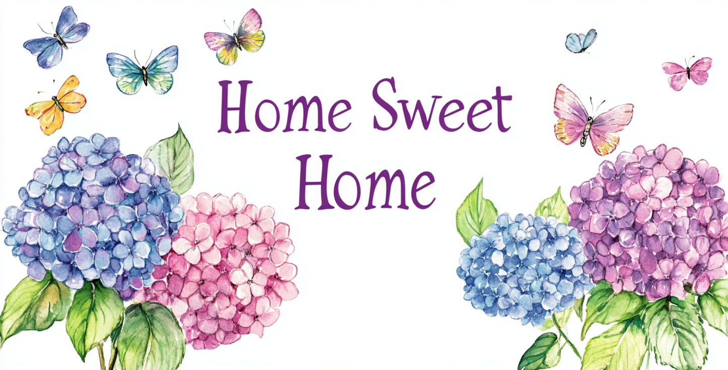 Home Sweet Home butterflies and pink and blue hydrangeas 6 x 12