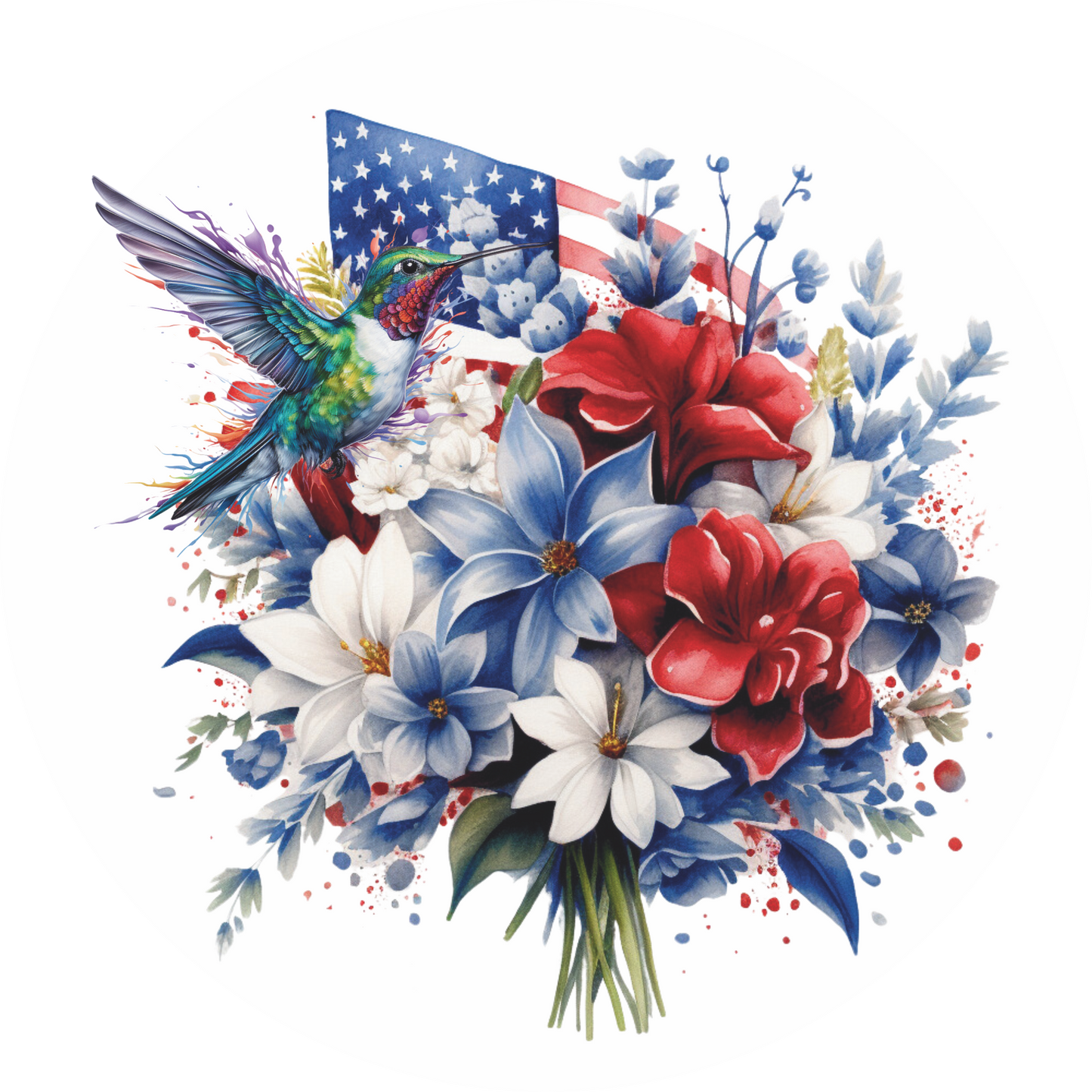 Hummingbird Red white and blue florals with flag Round