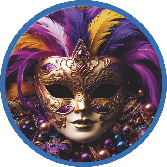 Mardi Gras Mask Purple, Blue and Gold Round