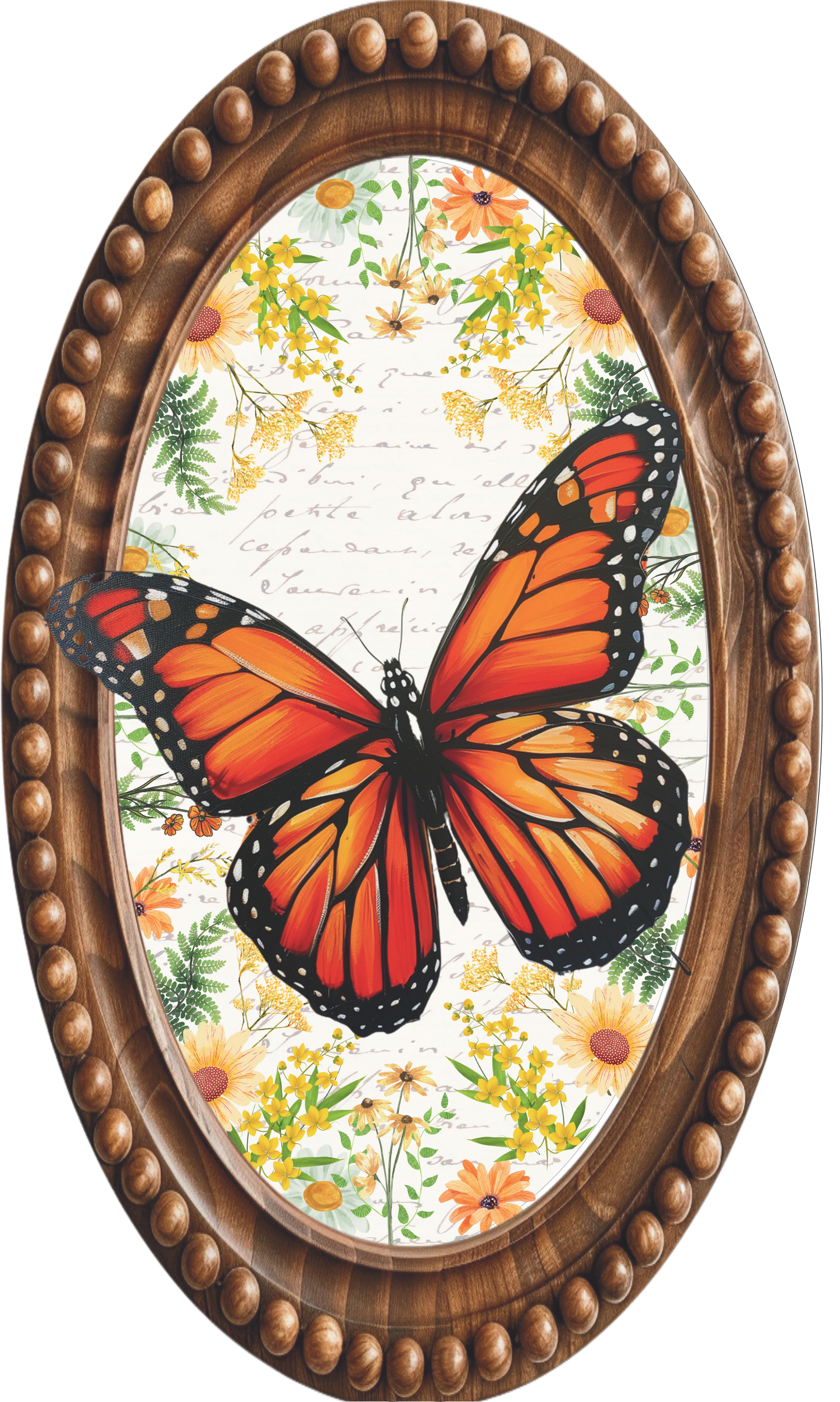 Monarch butterfly in a wood bead frame dark sign Oval