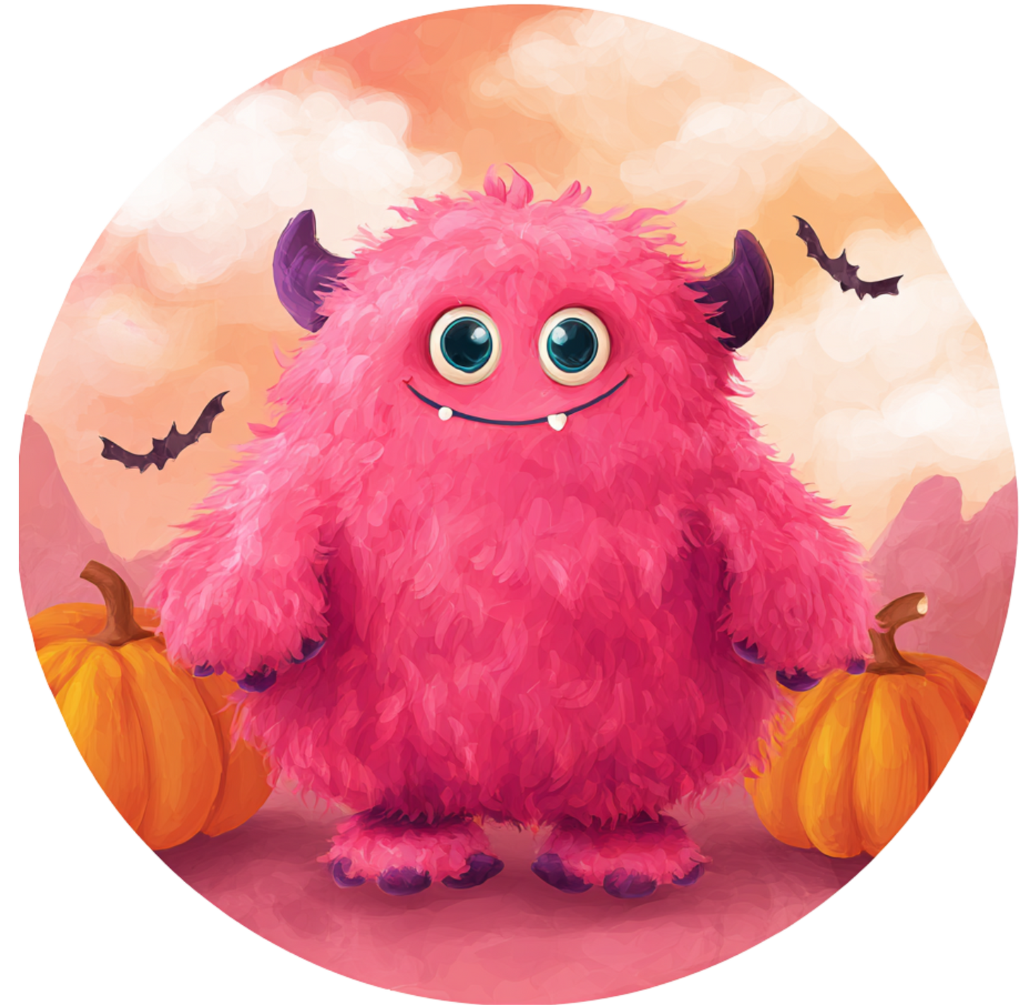 Pink Monster with pumpkins sign Round