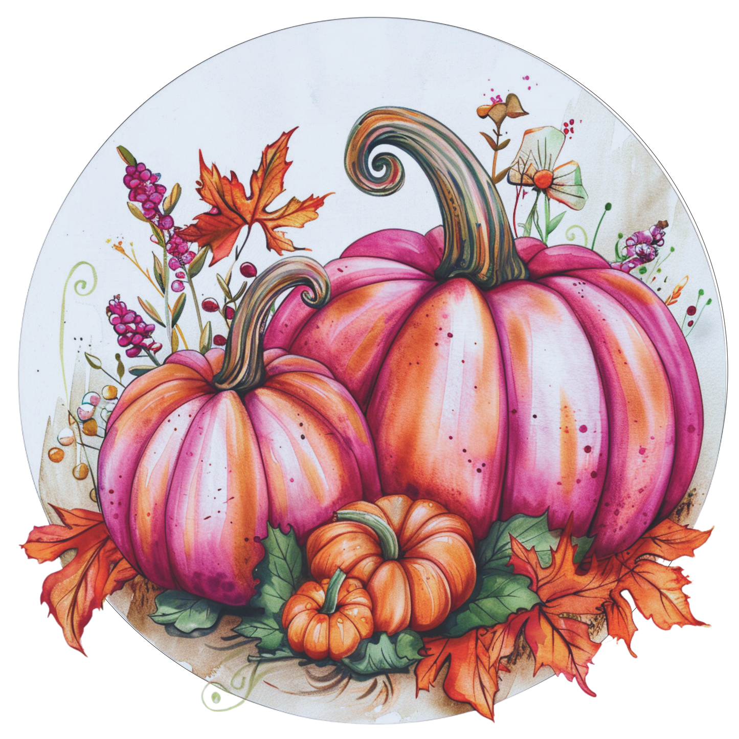 Bright pink and orange fall pumpkin Sign Round