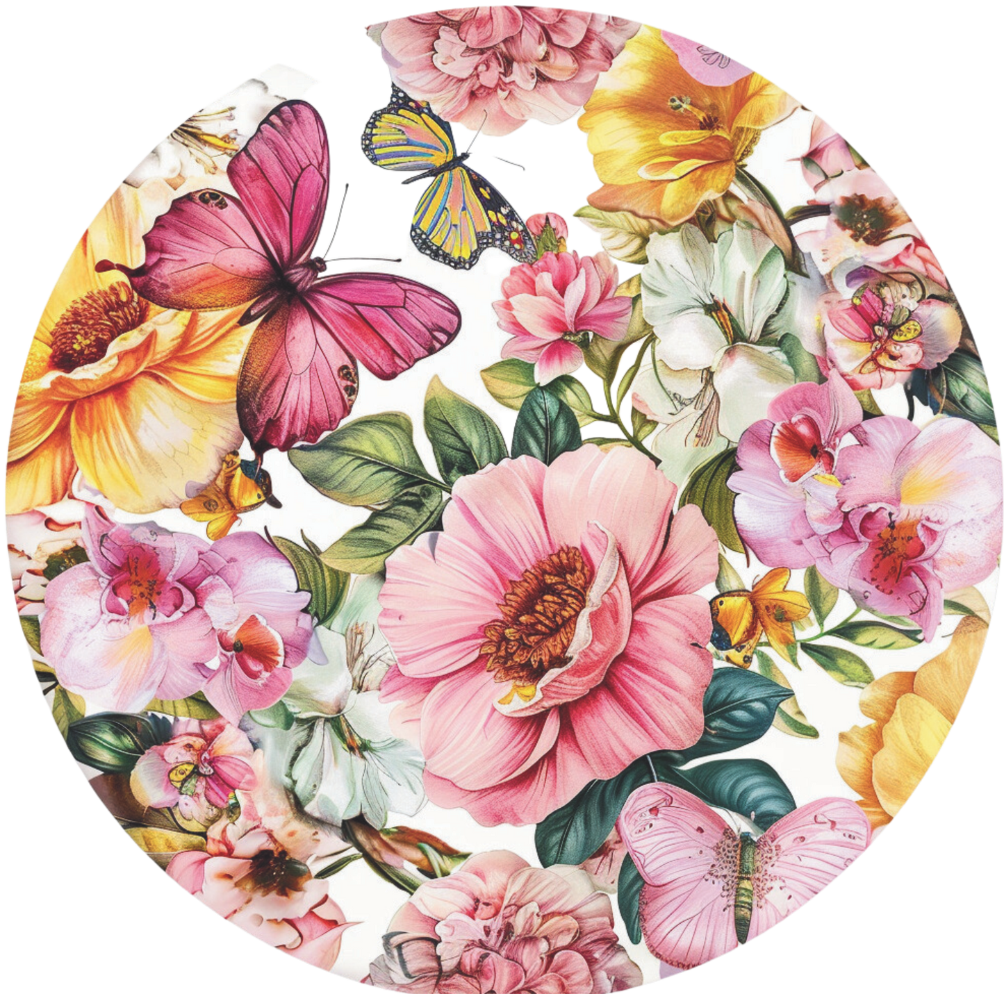 Pink and Yellow flowers with butterflies Sign Round