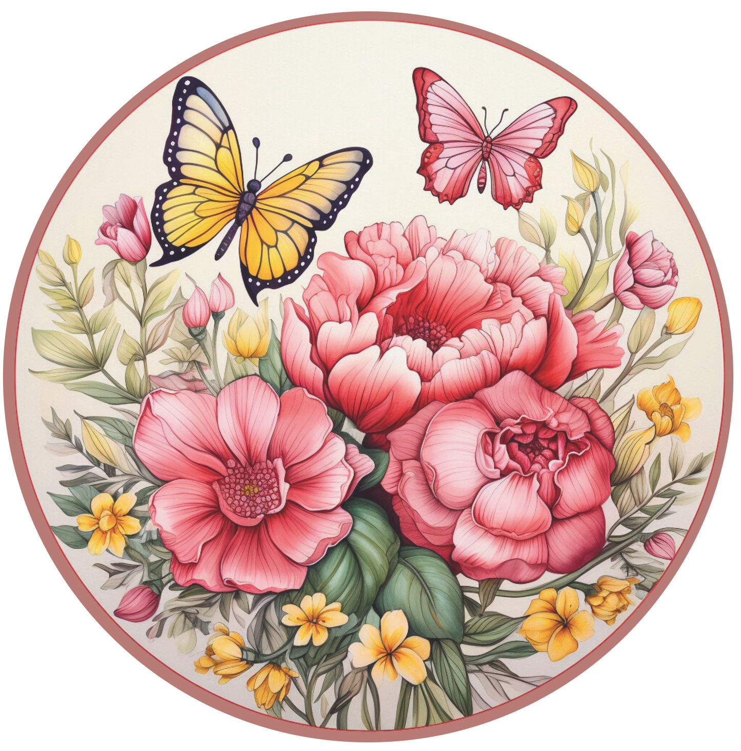 Pink and yellow florals with butterflies round