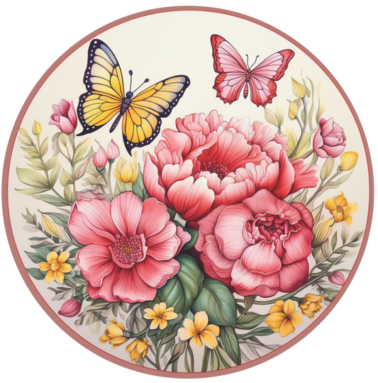 Pink and yellow florals with butterflies round