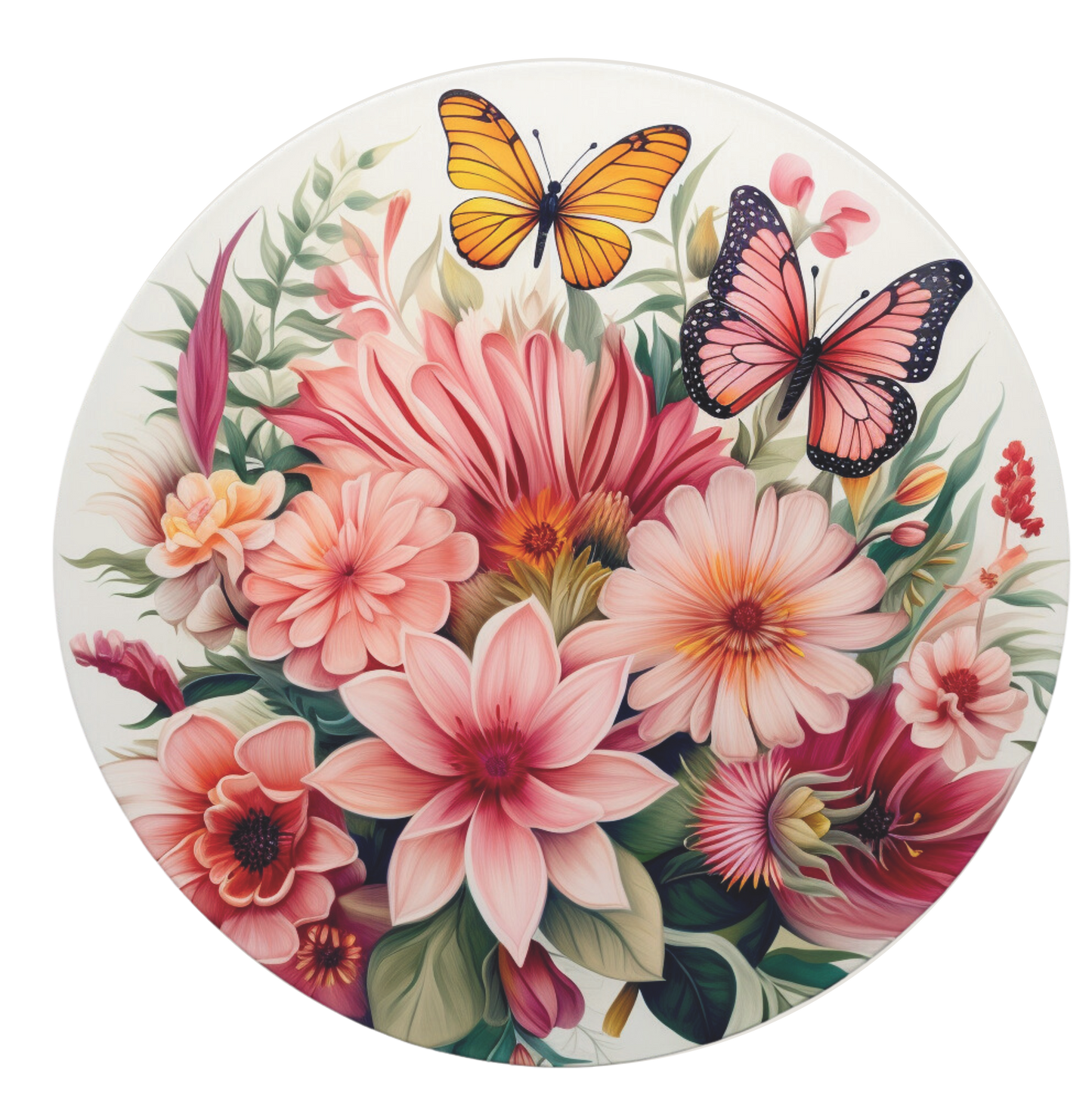 Pink florals with pink and yellow butterflies round