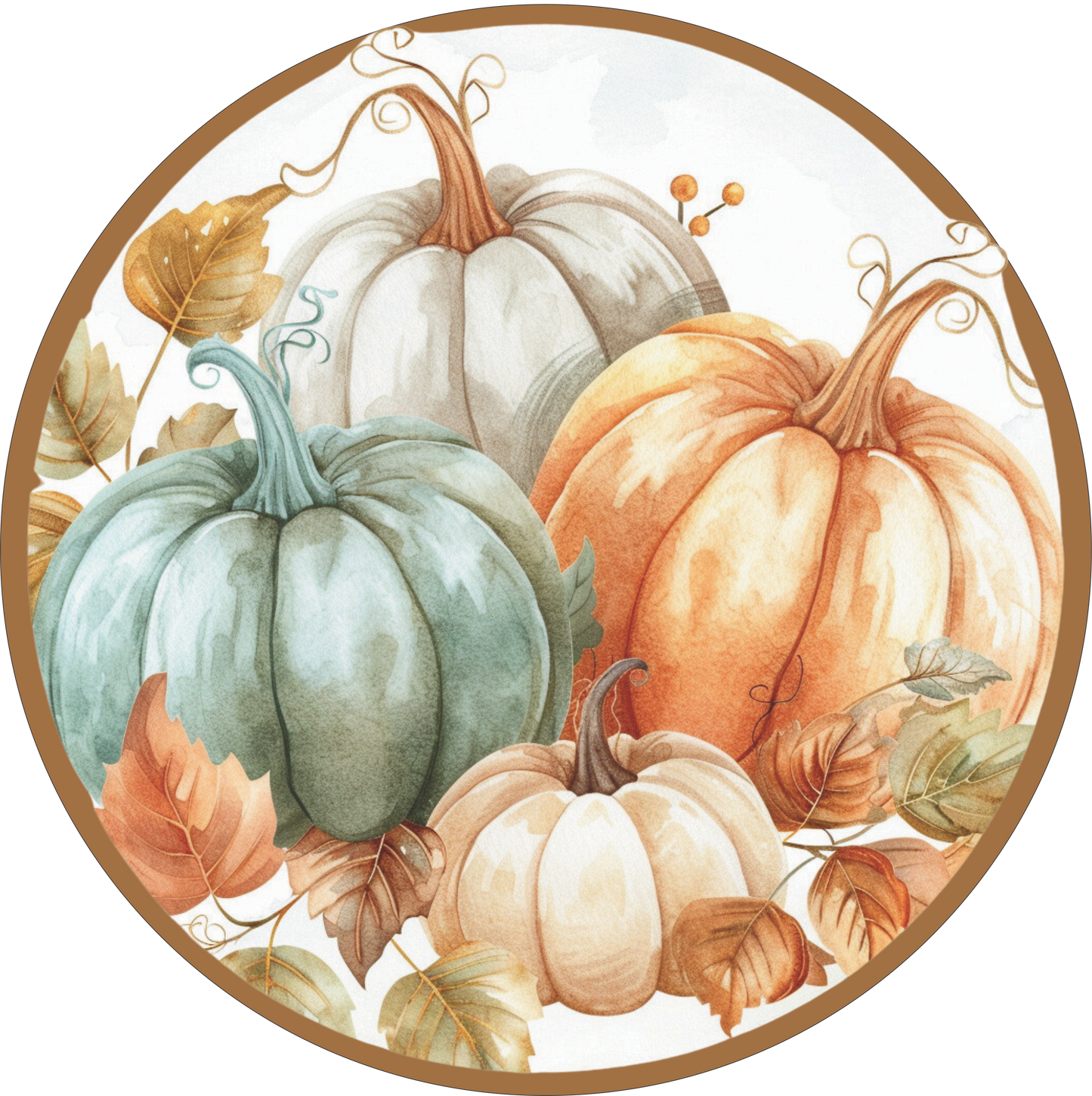 Pumpkin in Cream, Orange and moss green with leaves Sign Round