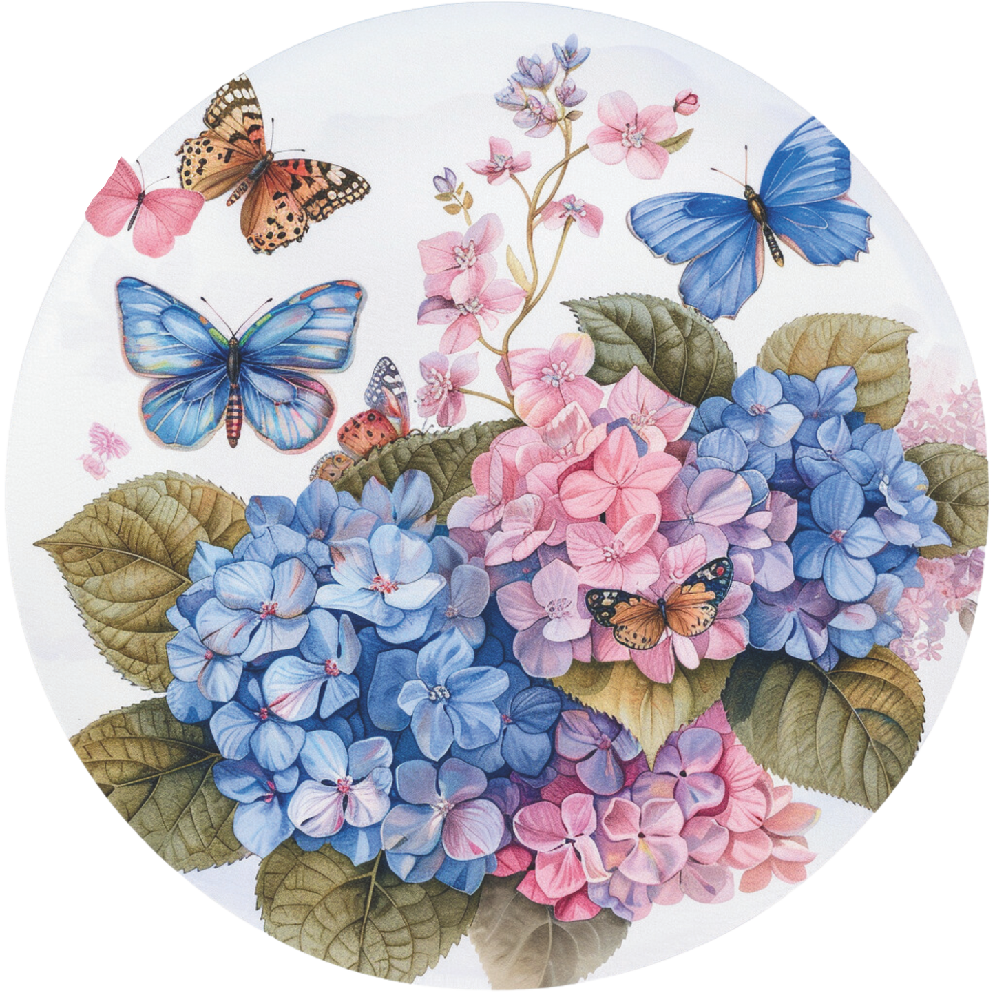Pink, Blue and Orange Butterflies with pink and blue florals Sign Round