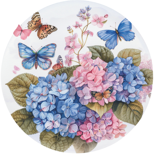 Pink, Blue and Orange Butterflies with pink and blue florals Sign Round