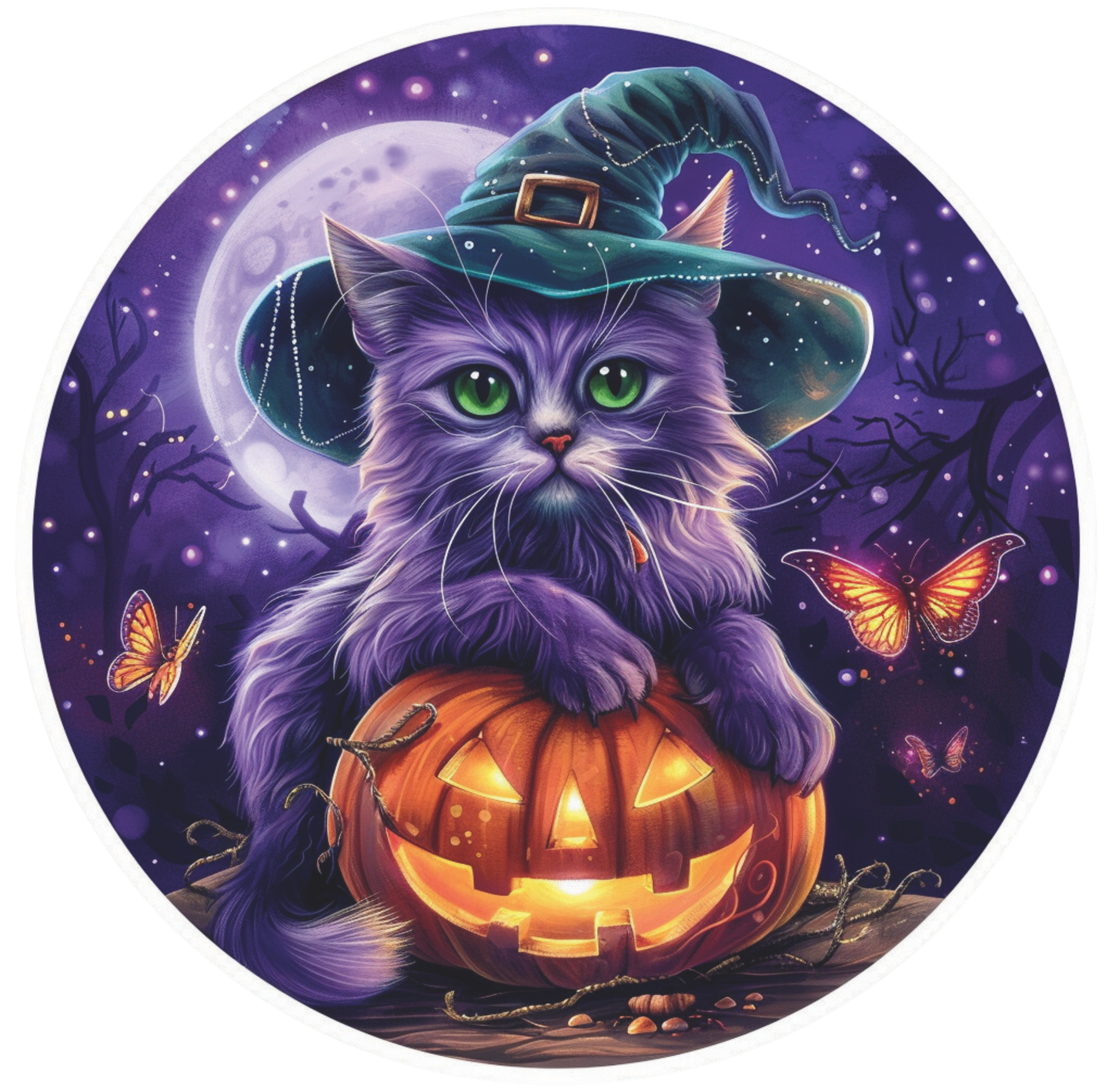 Halloween Purple Cat with purple moon Sign Round