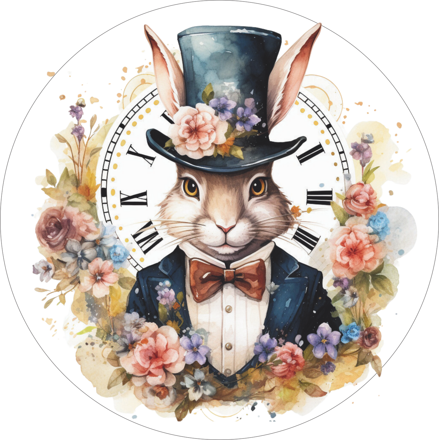 Rabbit with clock and florals Round Sign