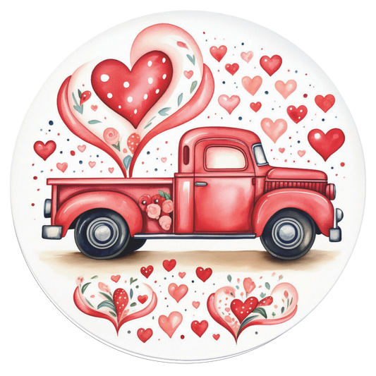 Red truck with hearts and florals Sign Round