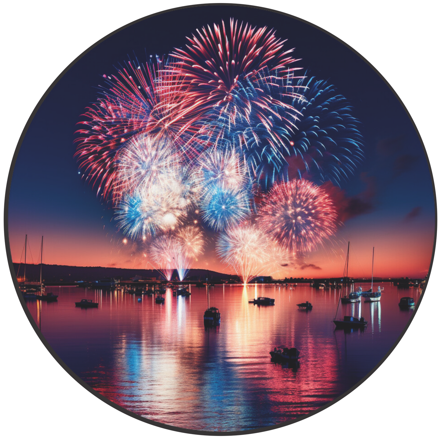 Red, white and Blue Fireworks on water Round Sign