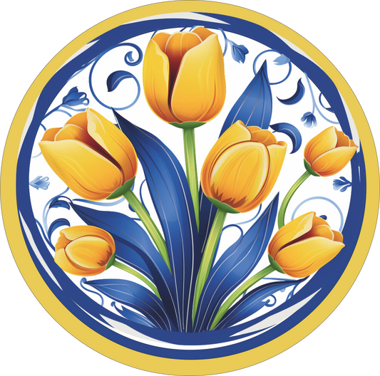 Royal Blue and white with Yellow Tulips round