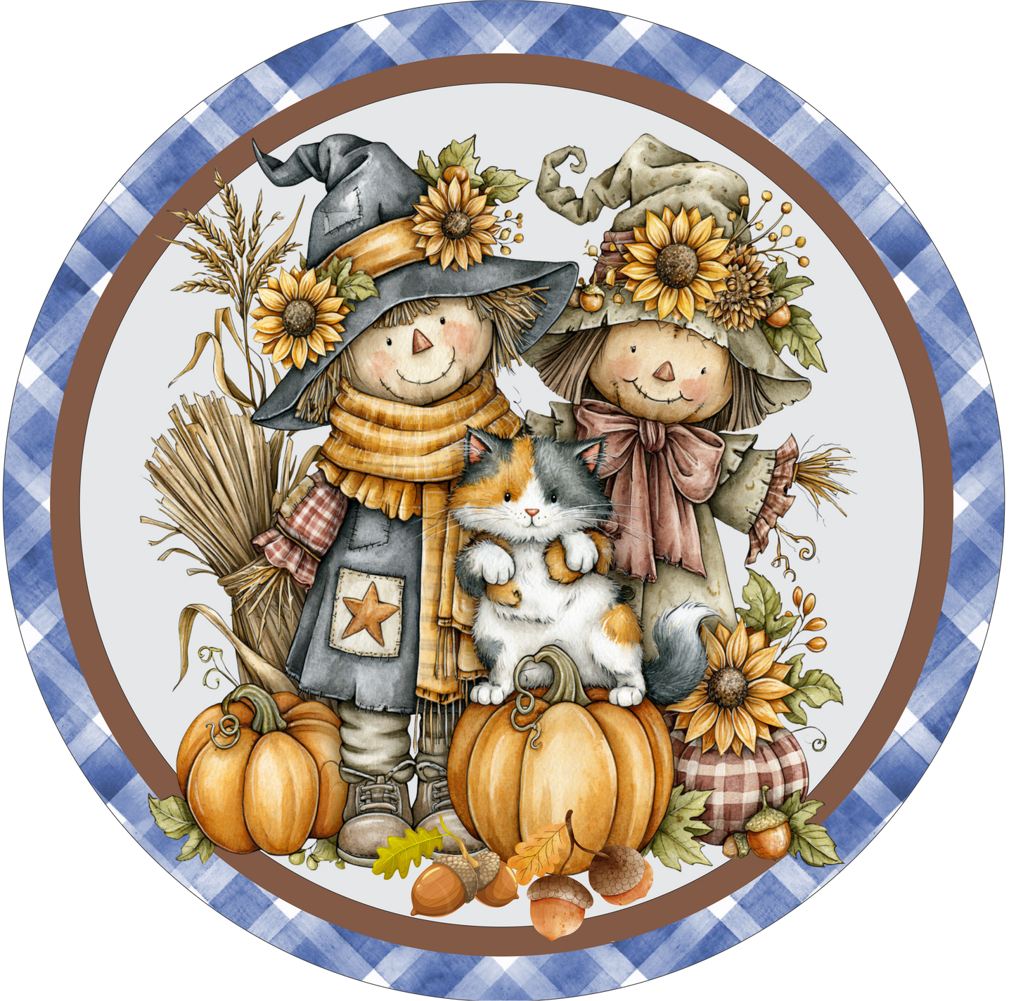 Adorable Scarecrow Couple Round sign