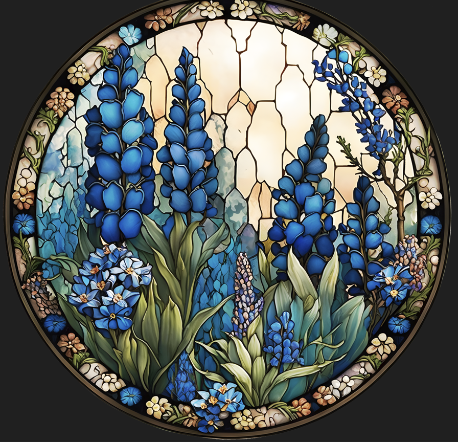 Blue Bonnets faux Stained Glass Round