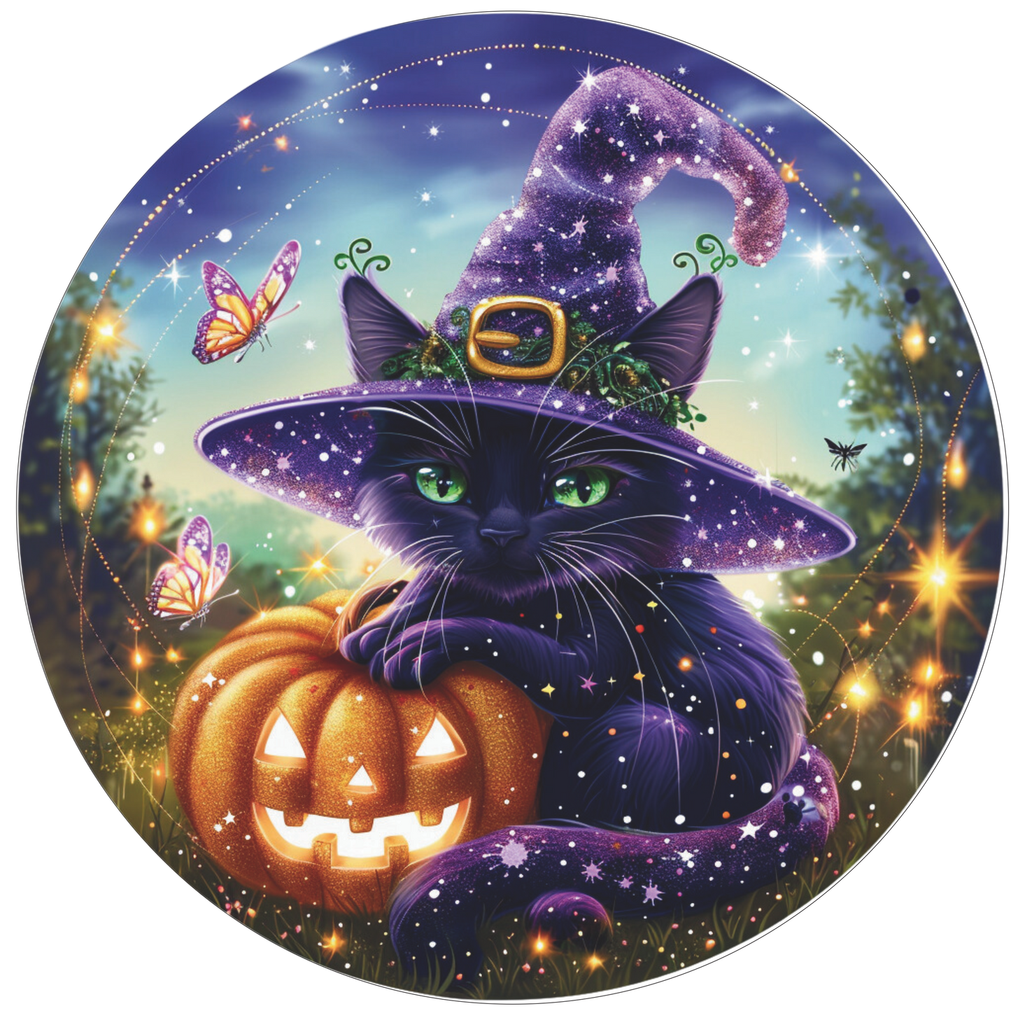 Glittery Halloween Cat Sign Round