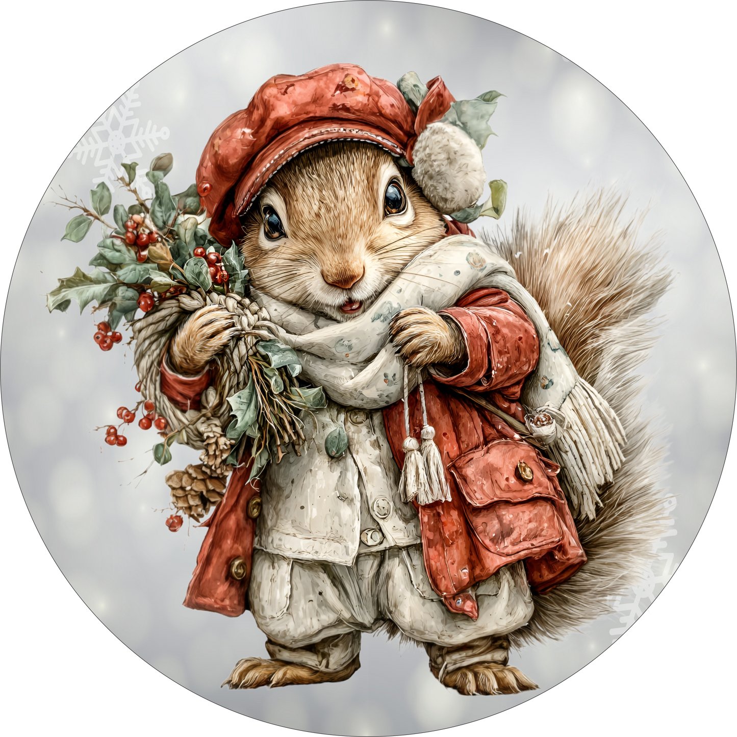 Squirrel carrying Christmas greenery Round Sign
