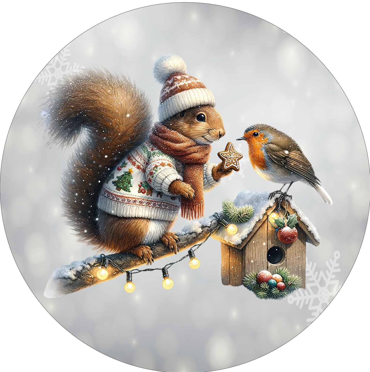 Squirrel giving a bird a cookie Round Sign