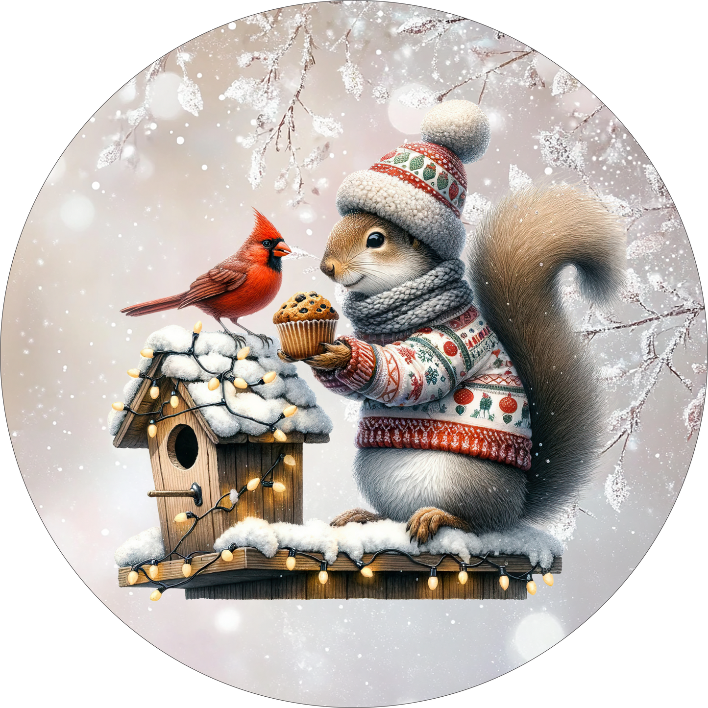 Squirrel giving a bird a cupcake Round Sign