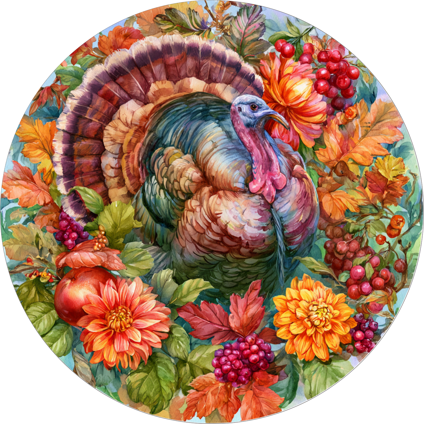 Fall Turkey with Florals Round Metal Sign
