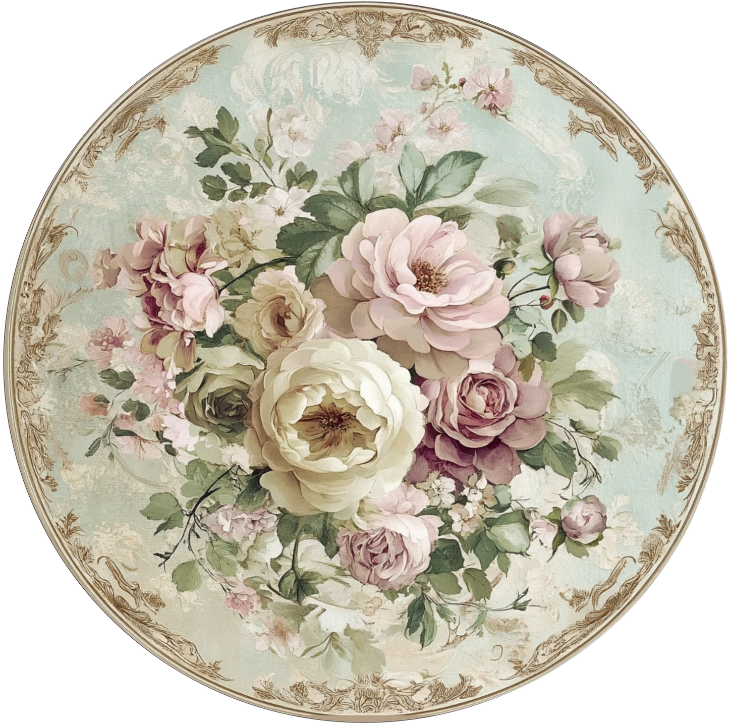 Vintage Cream and Rose Flowers with green background Round Sign