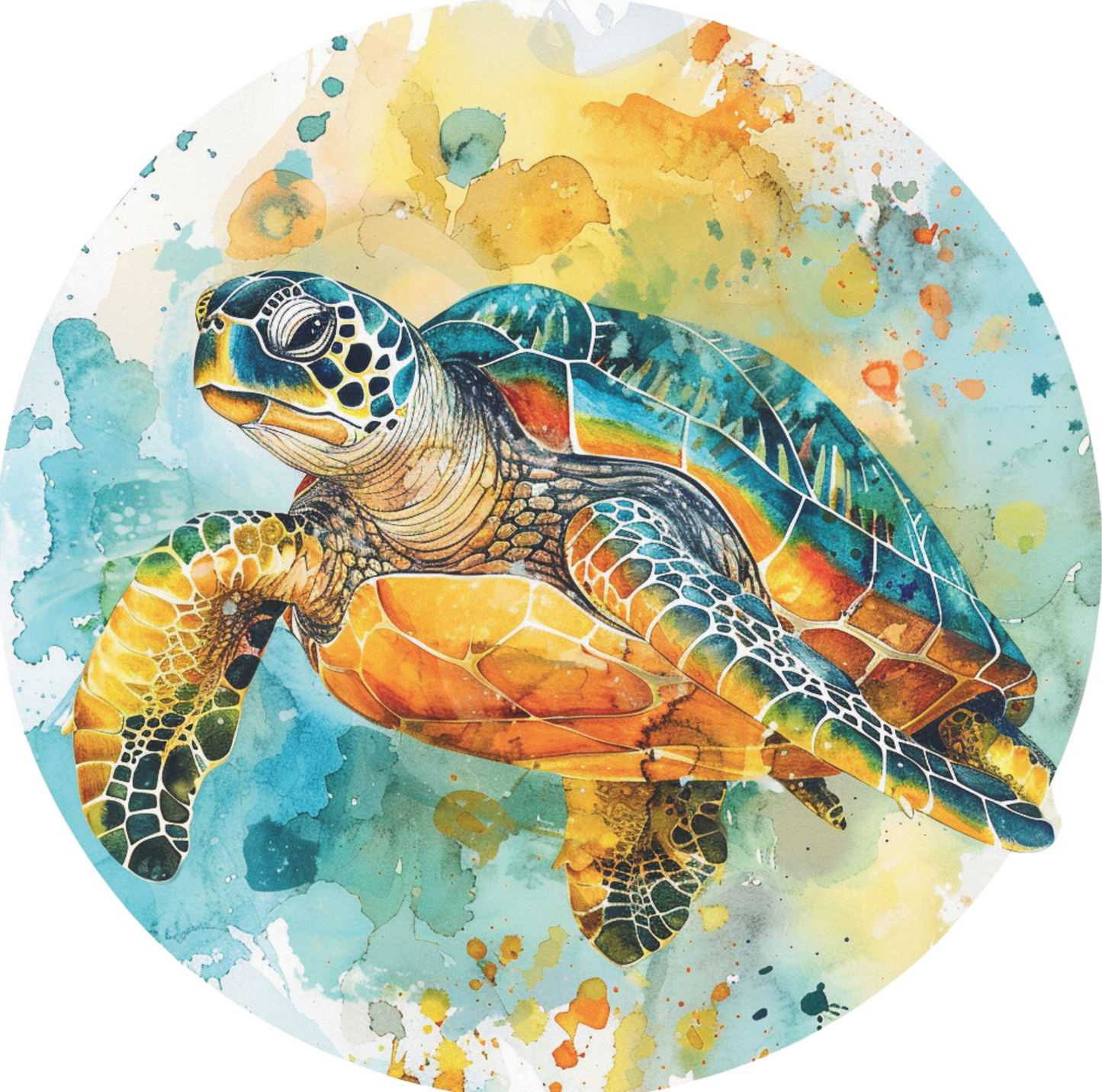Swimming Sea Turtle in turquoise, orange and yellow Round Sign