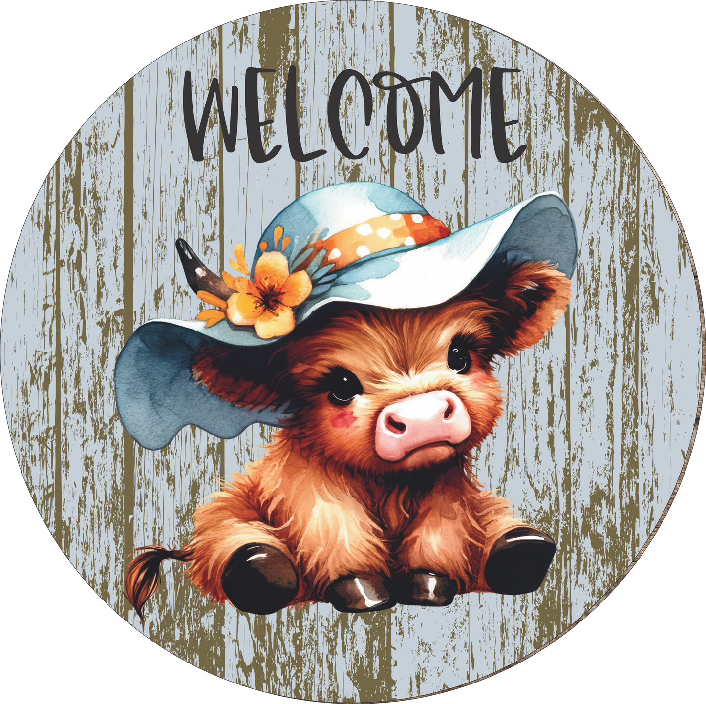 Welcome Baby Cow in blue hat Round