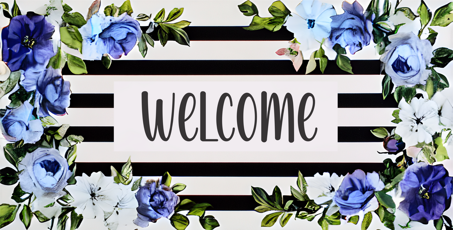 Welcome Victorian Black and White Stripes with Blue Florals 6 x 12