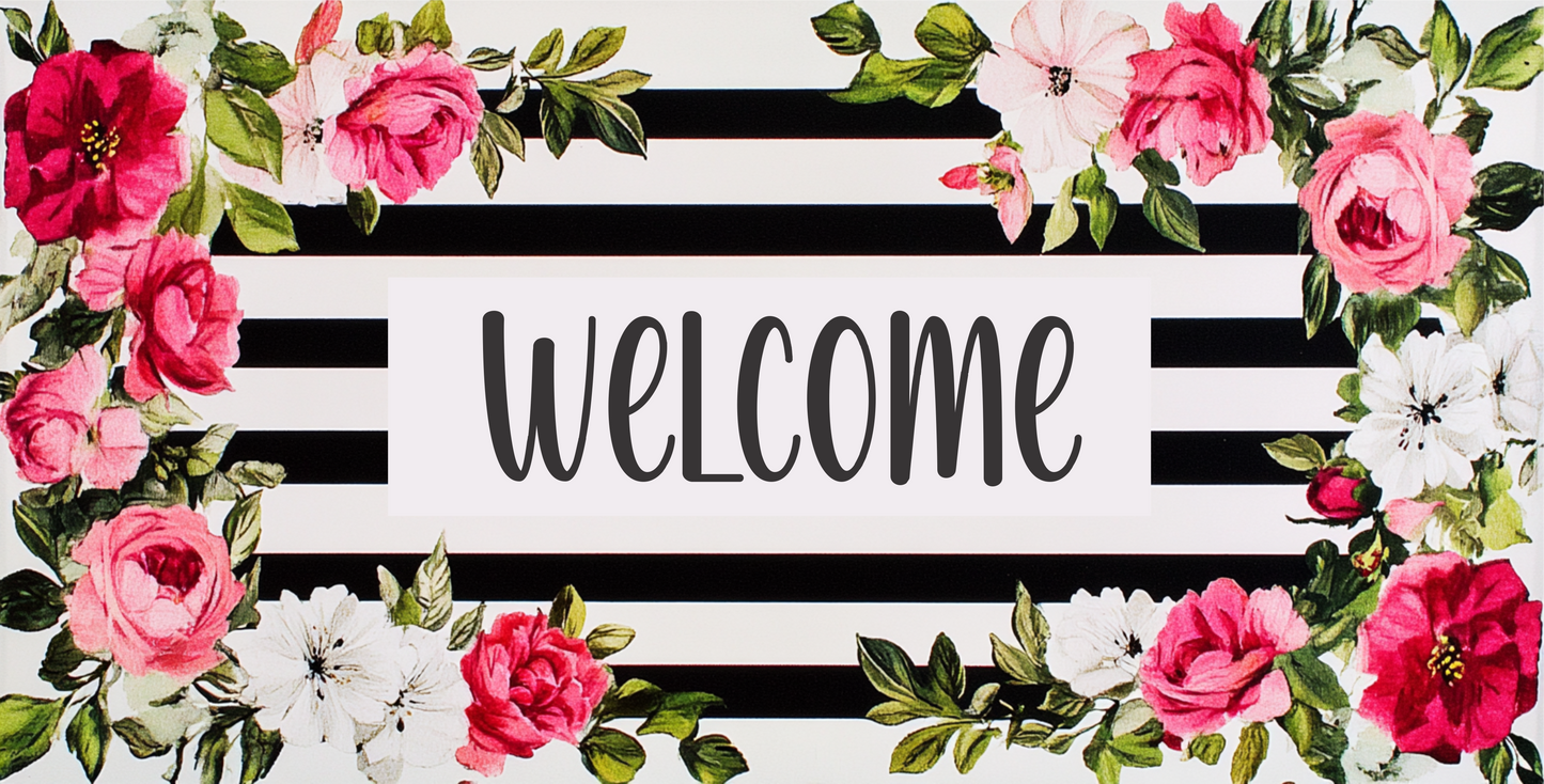 Welcome Victorian Black and White Stripes with Pink Florals 6 x 12