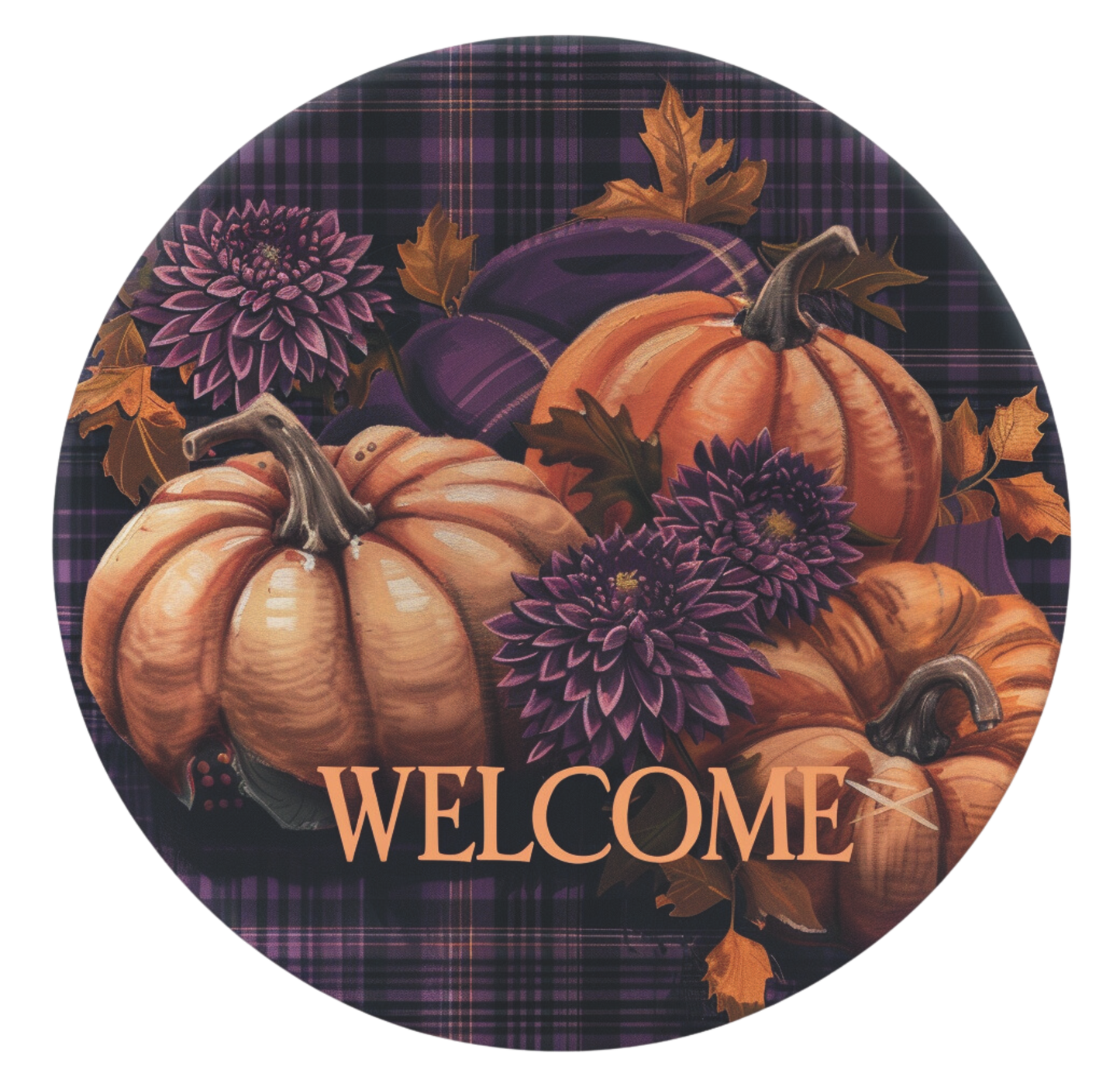 Welcome Fall plaid plum florals and pumpkins Sign Round