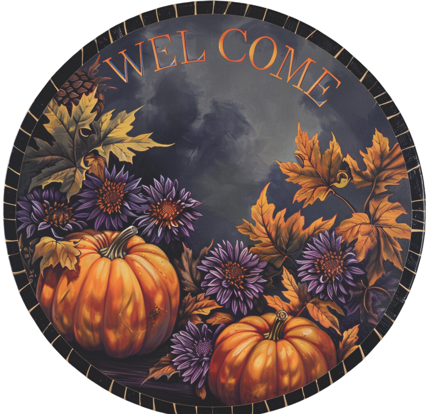Welcome fall muted plum and orange pumpkins faded black background Sign Round