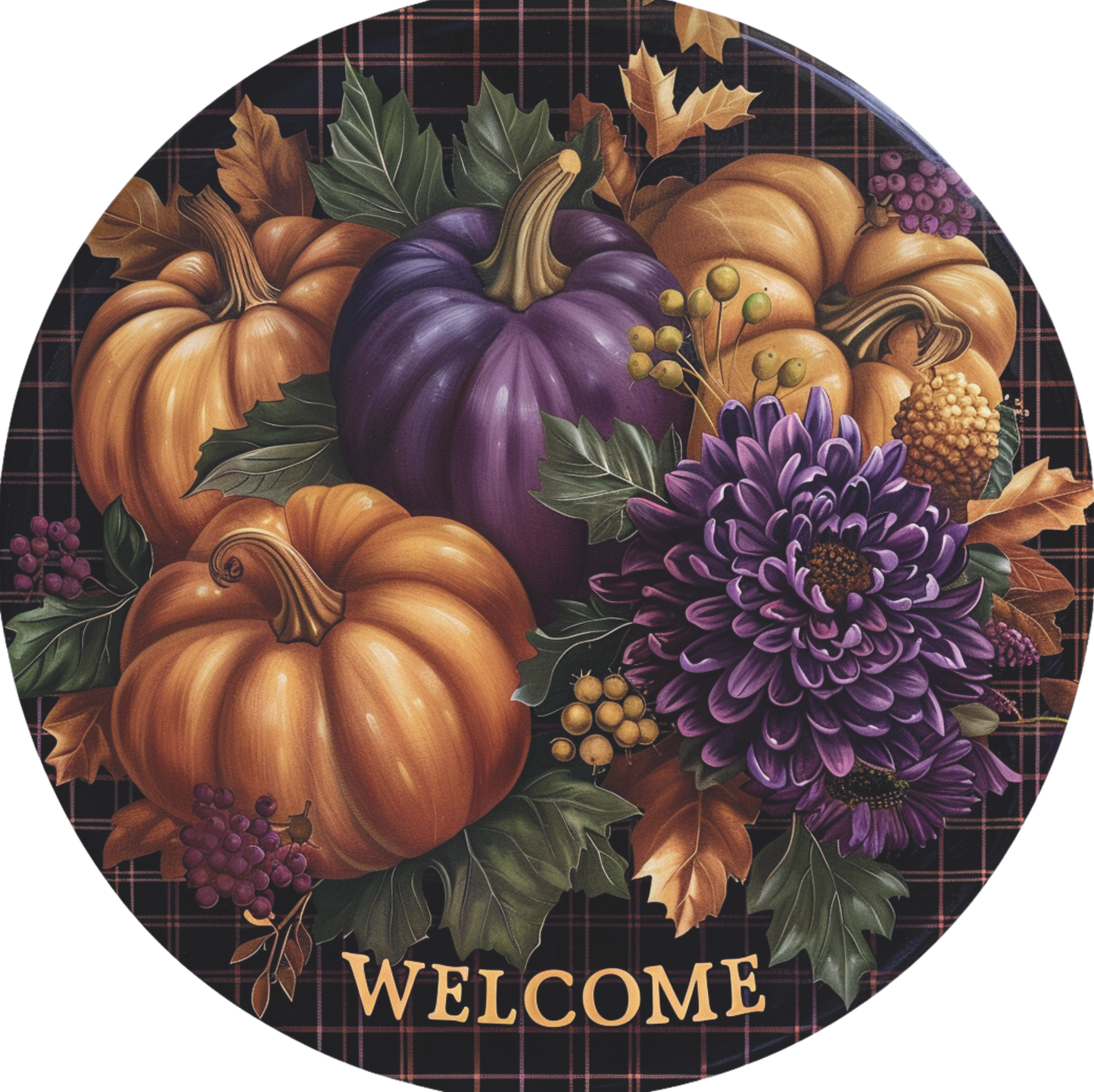 Welcome purple and orange pumpkins Sign Round