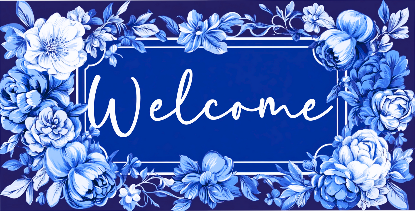 Welcome royal blue with navy, blue and white florals 6 x 12
