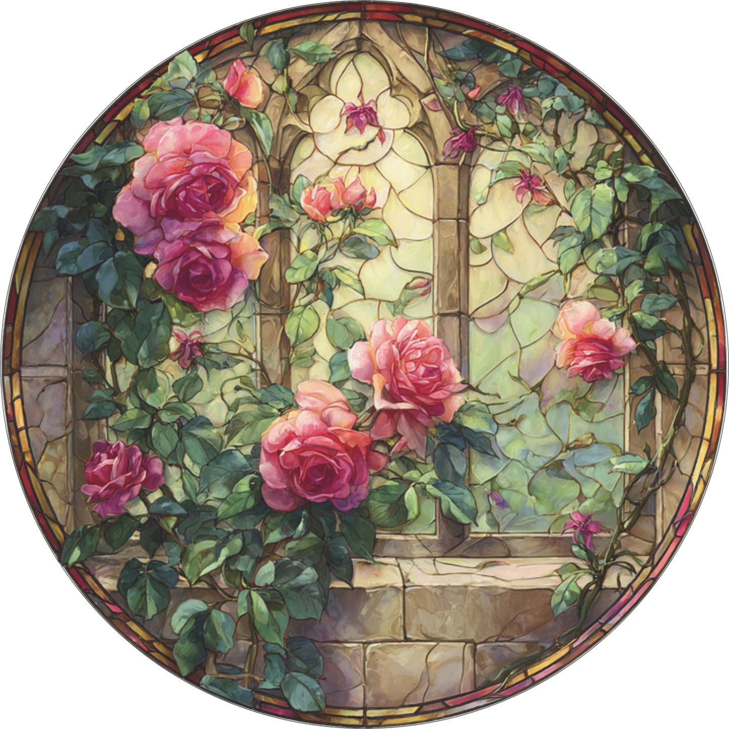 Faux Stained Glass Roses Scene Round Sign