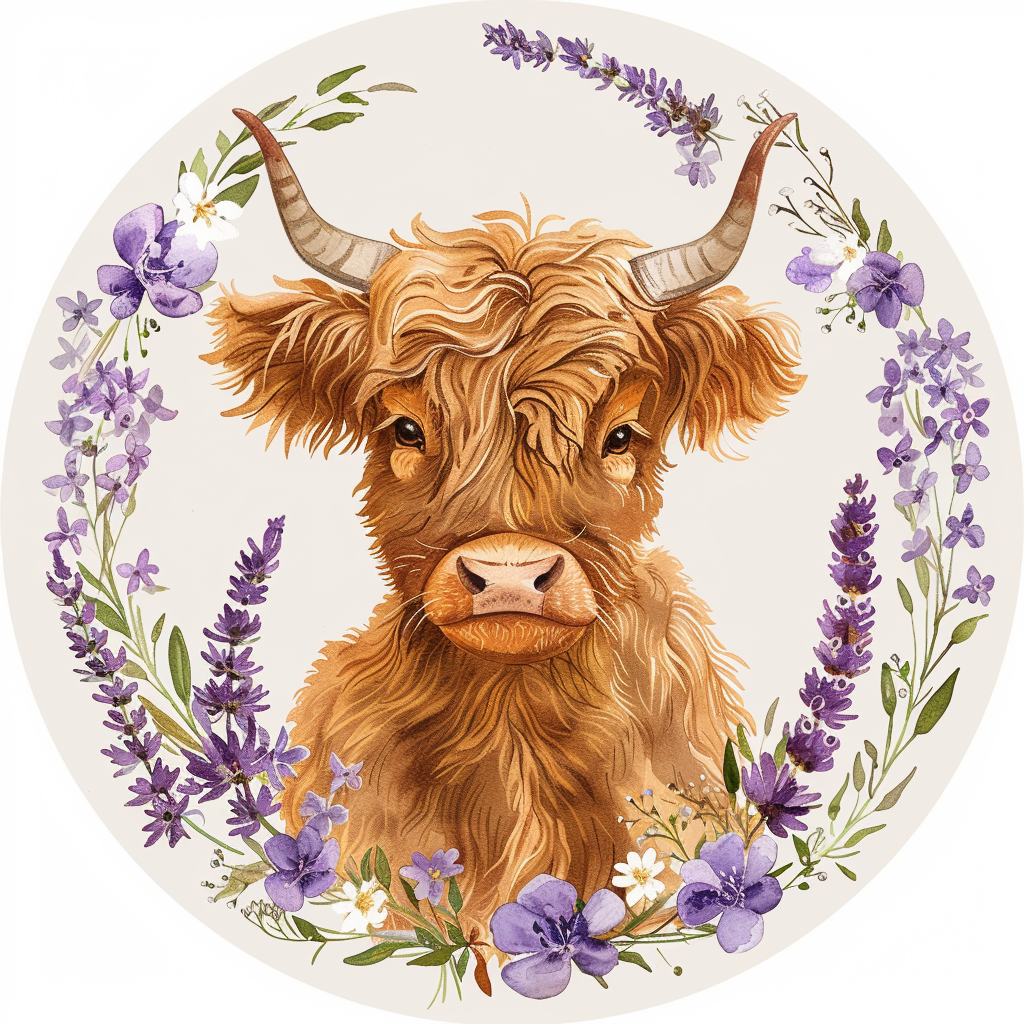Highland Cow with Purple Flowers Round