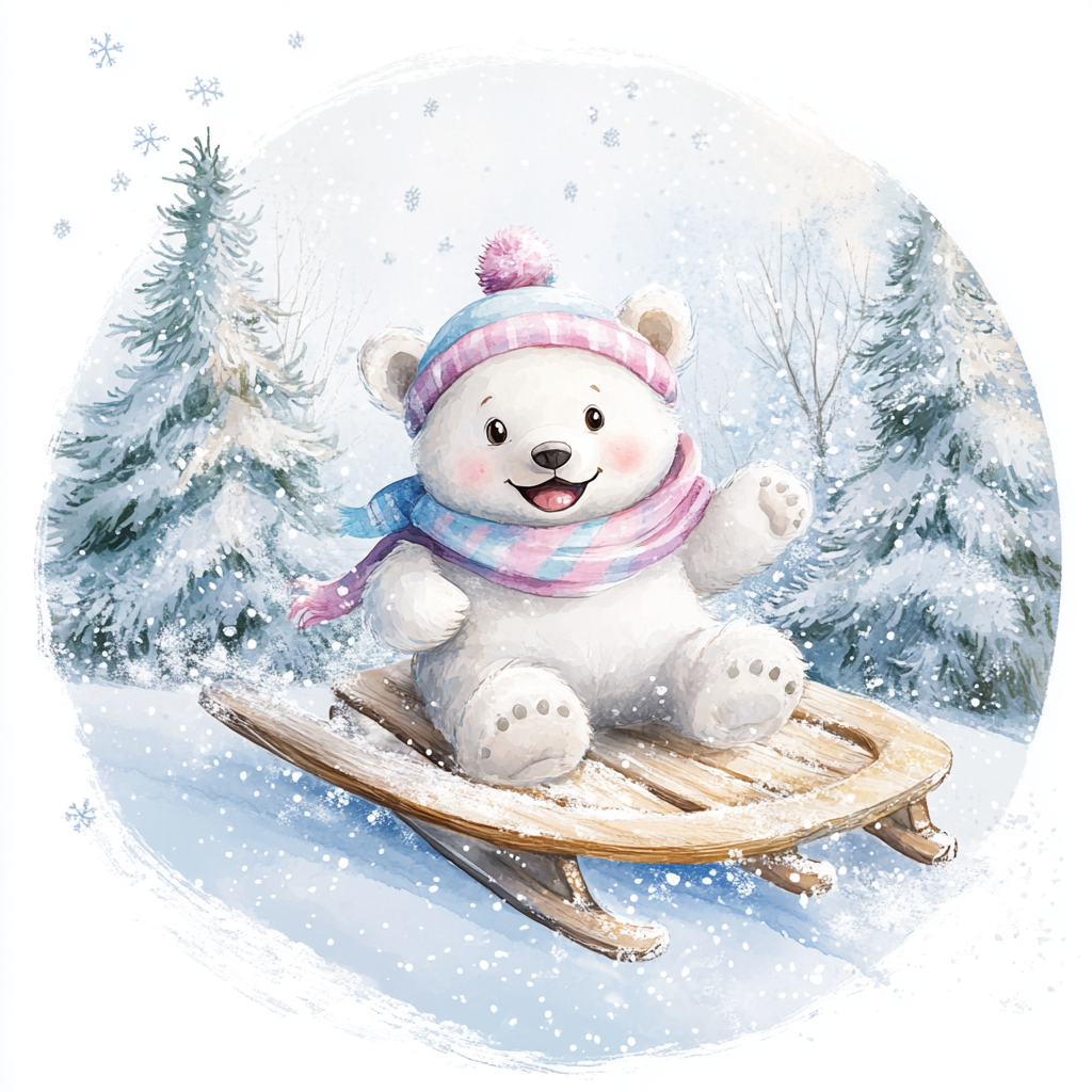 Polar bear in pastel colors sledding Round
