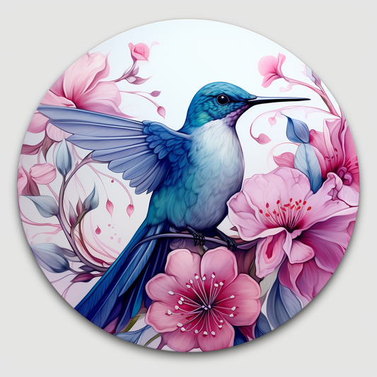 Blue Hummingbird with bright pink florals Round