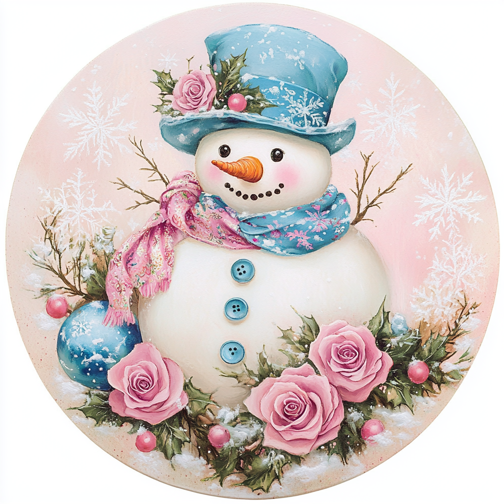 Snowman in pink and blue with pink roses sign Round