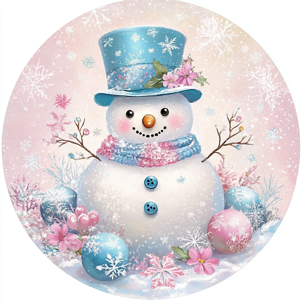 Snowman in pink and blue sign Round